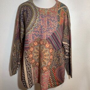YESNO Wool Blend Sweater XXL Bohemian Soft AOP Patchwork Artsy Graphic Colorful